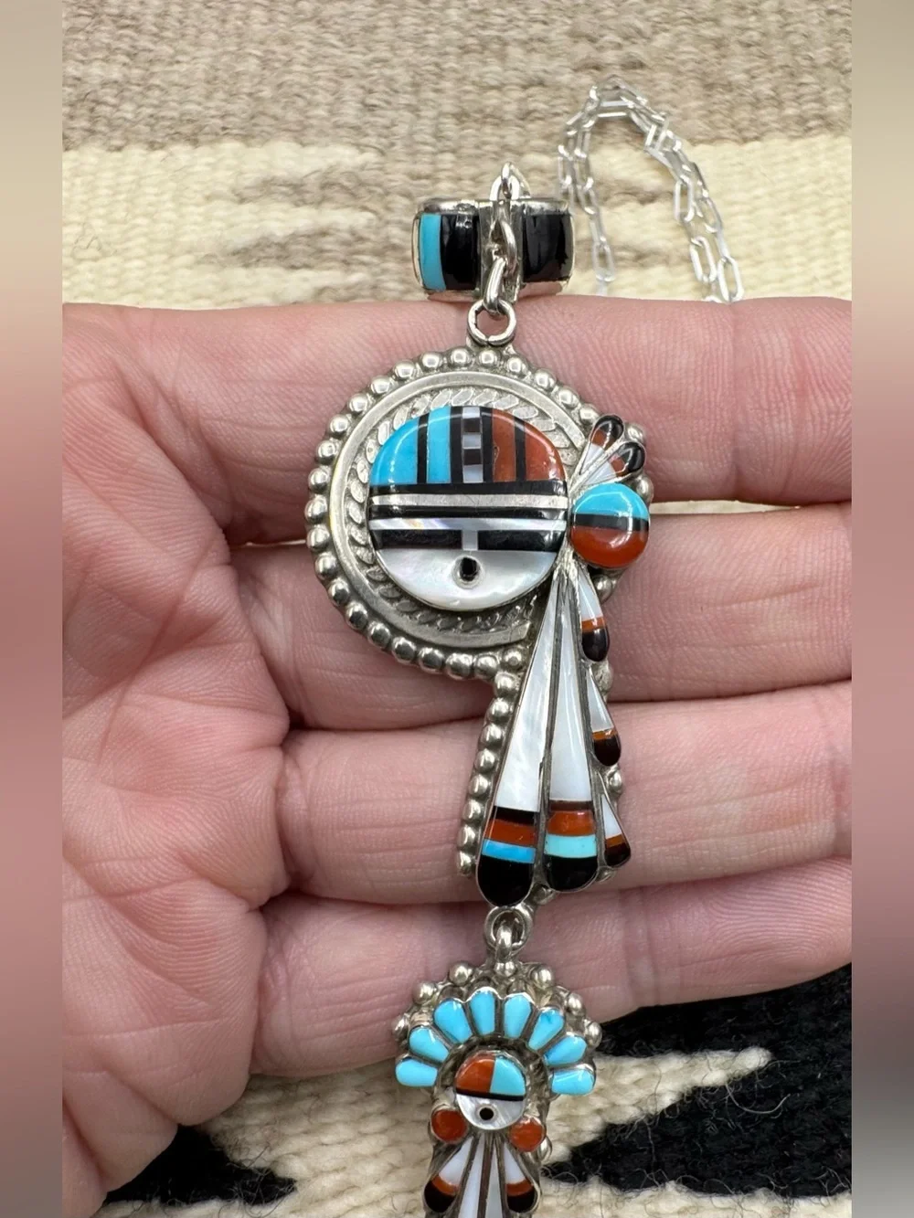 Ruth Lonjose Zuni Sterling Silver Turquoise Multi Stone Sunface Pendant Necklace